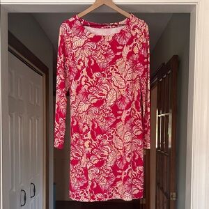 Lilly Pulitzer Lightweight Long Sleeve Round Neck Red Tan Leaf Print Dress Sz M